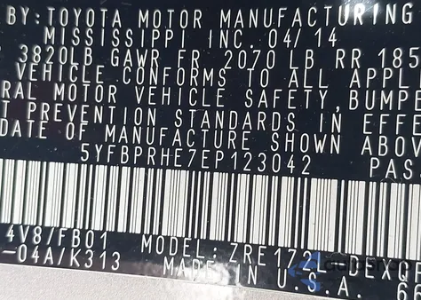 2014 Toyota Corolla Le Eco z USA, uszkodzony, nr VIN 5YFBPRHE7EP123042